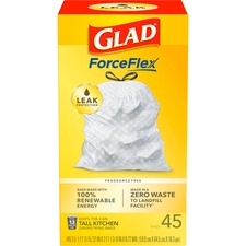 Glad ForceFlex Tall Kitchen Drawstring Trash Bags - 13 gal Capacity - 27" Width x 24" Length - 1 mil (25 Micron) Thickness - White - 45/Box - Kitchen, Office, School, Breakroom, Restaurant