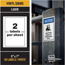 Avery&reg; Adhesive Printable Vinyl Signs - 5" Width x 7" Length - Permanent Adhesive - Rectangle - Laser - White - Vinyl - 2 / Sheet - 25 Total Sheets - 50 Total Label(s) - 50 Label