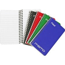 Mead Wirebound Memo Notebook - 60 Sheets - Wire Bound - 15 lb Basis Weight - 3" x 5" - White Paper - Black Binder - AssortedCardboard, Nylon Cover - Stiff-back - 1 Each
