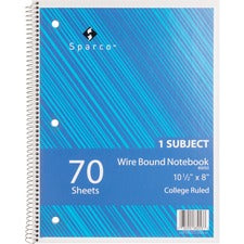 Sparco Wirebound College Ruled Notebooks - 70 Sheets - Wire Bound - College Ruled - Unruled Margin - 16 lb Basis Weight - 8" x 10 1/2" - Assorted Paper - AssortedChipboard Cover - Resist Bleed-through, Subject, Stiff-cover, Stiff-back - 1 Each