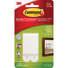 Command Medium Picture Hanging Strips - 2.75" Length x 0.63" Width - 100 mil Thickness - Foam - 8 / Pack - White