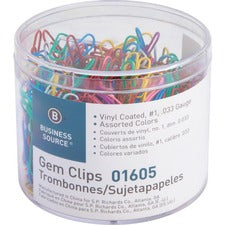 Business Source Vinyl-coated Gem Clips - Small - No. 1 - 1.8" Length x 0.5" Width - for Paper - Rust Resistant - 500 / Box - Assorted