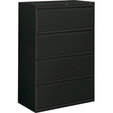HON 800 Series Lateral File - 4-Drawer - 36" x 19.3" x 53.3" - 4 x Drawer(s) - Legal, Letter - Lateral - Security Lock - Black - Baked Enamel - Steel - Recycled