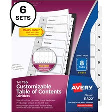 Avery&reg; 8-tab Custom Table of Contents Dividers - 48 x Divider(s) - 1-8, Table of Contents - 8 Tab(s)/Set - 8.5" Divider Width x 11" Divider Length - 3 Hole Punched - White Paper Divider - White Paper Tab(s) - 6 / Pack