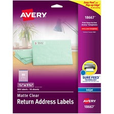 Avery&reg; Easy Peel Inkjet Printer Mailing Labels - 1/2" Width x 1 3/4" Length - Permanent Adhesive - Rectangle - Inkjet - Clear - Film - 80 / Sheet - 10 Total Sheets - 800 Total Label(s) - 5