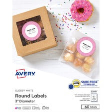 Avery&reg; Glossy White Labels, 3" Round, 60 Labels (22891) - 3" Diameter - Permanent Adhesive - Round - Gloss White - 6 / Sheet - 60 / Pack - Jam-free, Stick & Stay, Smudge Proof, Foldable