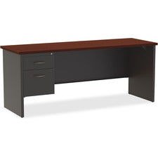 Lorell Mahogany Laminate/Charcoal Steel Left-pedestal Credenza - 2-Drawer - 72" x 24" , 1.1" Top - 2 x Box, File Drawer(s) - Single Pedestal on Left Side - Material: Steel - Finish: Mahogany Laminate, Charcoal