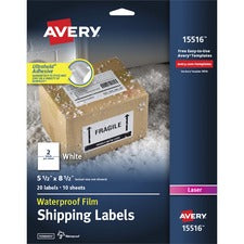 Avery&reg; Waterproof Shipping Labels with TrueBlock - 5 1/2" Width x 8 1/2" Length - Permanent Adhesive - Rectangle - Laser - White - Film - 2 / Sheet - 10 Total Sheets - 20 Total Label(s) - 5