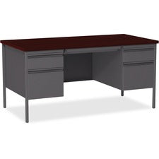 Lorell Fortress Series Double-Pedestal Desk - Rectangle Top - 60" Table Top Width x 30" Table Top Depth x 1.12" Table Top Thickness - 29.50" Height - Assembly Required - Laminated, Mahogany - Steel