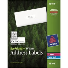 Avery&reg; EcoFriendly Address Labels - 1" Width x 2 5/8" Length - Permanent Adhesive - Rectangle - Laser, Inkjet - White - Paper - 30 / Sheet - 25 Total Sheets - 750 Total Label(s) - 1 / Box