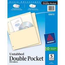 Avery&reg; Untabbed Double Pocket Dividers - 11.1" Height x 9.3" Width - 2 x Pockets Capacity - For Letter 8 1/2" x 11" Sheet - Ring Binder - Rectangular - Buff - 5 / Pack