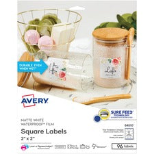 Avery&reg; Waterproof Square Labels, 2" x 2" , 96 Labels (64510) - 2" Width x 2" Length - Permanent Adhesive - Square - White - Film - 12 / Sheet - 96 Total Label(s) - 8 / Pack