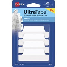 Avery&reg; Ultra Tabs Repositionable Margin Tabs - 24 Tab(s) - 6 Tab(s)/Set - Clear Film, White Paper Tab(s) - 4