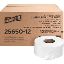 Genuine Joe 2-ply Jumbo Roll Dispenser Bath Tissue - 2 Ply - 3.30" x 650 ft - 8.63" Roll Diameter - White - Nonperforated, Unscented, Strong - For Restroom - 12 / Carton