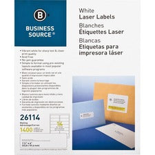 Business Source Bright White Premium-quality Address Labels - 1 1/3" x 4" Length - Permanent Adhesive - Rectangle - Laser, Inkjet - White - 14 / Sheet - 100 Total Sheets - 1400 / Pack - Lignin-free, Jam-free
