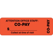 Tabbies CO-PAY Wrap Labels - "Collect at Time of Visit" , "Attention Office Staff: Co-Pay" - 3" x 1" Length - Rectangle - Fluorescent Red Orange - 500 / Roll - 500 / Roll