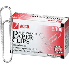 Paper Clips, #1, Nonskid, Silver, 100 Clips/box, 10 Boxes/pack