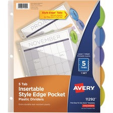 Avery&reg; Insertble Style Edge Plastic Pocket Dividers - 5 x Divider(s) - 5 - 5 Tab(s)/Set - 9.3" Divider Width x 11.25" Divider Length - 3 Hole Punched - Translucent Plastic Divider - Multicolor Plastic Tab(s) - 2