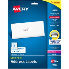 Avery&reg; Easy Peel Address Labels - Sure Feed Technology - 1/2" Width x 2 5/8" Length - Permanent Adhesive - Rectangle - Laser, Inkjet - White - Paper - 30 / Sheet - 10 Total Sheets - 300 Total Label(s) - 300 / Pack