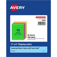 Avery&reg; High Visibility Neon Shipping Labels - 2" Width x 4" Length - Permanent Adhesive - Rectangle - Laser - Neon Magenta, Neon Green, Neon Yellow - Paper - 10 / Sheet - 50 Total Sheets - 500 Total Label(s) - 500 / Box