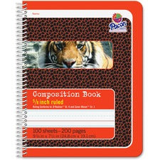 Pacon Composition Book - 100 Sheets - 200 Pages - Spiral Bound - Short Way Ruled - 0.63" Ruled - 4.50" Picture Story Space - 7 1/2" x 9 3/4" - Red Cover - Recycled - 1 Each