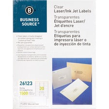 Business Source Mailing Address Labels - 1" x 2 3/4" Length - Permanent Adhesive - Rectangle - Laser - Clear - 30 / Sheet - 1500 / Pack - Self-adhesive