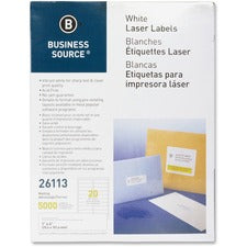 Business Source Bright White Premium-quality Address Labels - 1" x 4" Length - Permanent Adhesive - Rectangle - Laser, Inkjet - White - 20 / Sheet - 250 Total Sheets - 5000 / Pack - Lignin-free, Jam-free
