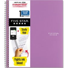 Five Star Wirebound Notebook - 1 Subject(s) - 100 Pages - Wire Bound - College Ruled - Letter - 8 1/2" x 11" - Purple Cover - Double Sided Sheet, Durable, Water Resistant, Wear Resistant, Tear Proof, Spill Resistant, Pocket, Opaque - 1 Each