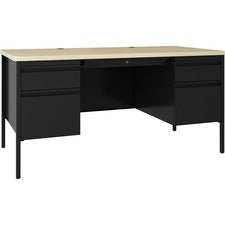 Lorell Fortress Double-pedestal Teacher's Desk - 60" x 29.5" x 30" , 0.8" Modesty Panel - Double Pedestal - T-mold Edge - Material: Steel - Finish: Maple, Black