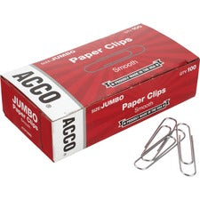 Paper Clips, Jumbo, Smooth, Silver, 100 Clips/box, 10 Boxes/pack