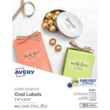 Avery&reg; Sure Feed Glossy Labels - 1 1/2" Width x 2 1/2" Length - Permanent Adhesive - Oval - Laser, Inkjet - Crystal Clear - Film - 18 / Sheet - 10 Total Sheets - 180 Total Label(s) - 180 / Pack