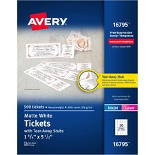 Avery&reg; Blank Printable Perforated Raffle Tickets - Tear-Away Stubs - Matte White - 500/Pack