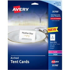 Avery&reg; Sure Feed Arched Tent Cards - 97 Brightness3 3/4" x 2 1/16" - 65 lb Basis Weight - 176 g/m&#178; Grammage - Matte - 5 / Pack - FSC Mix - Printable, Scratch Proof, Die-cut, Perforated, Print-to-the-edge, Pre-scored