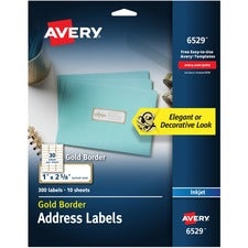Avery&reg; Easy Peel Address Label - 1" Width x 2 5/8" Length - Permanent Adhesive - Rectangle - Inkjet - White, Gold - Paper - 30 / Sheet - 10 Total Sheets - 300 Total Label(s) - 5