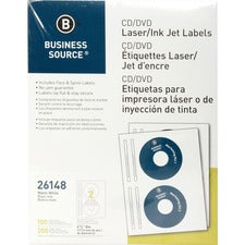 Business Source CD/DVD Labels - 4 5/8" Diameter - Permanent Adhesive - Circle - Inkjet, Laser - White - 100 / Pack - Lignin-free, Smudge Resistant