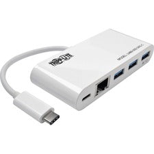 Tripp Lite 3-Port USB-C Hub with LAN Port and Power Delivery, USB-C to 3x USB-A Ports and Gbe, USB 3.0, White - USB 3.1 Type C - External - 4 USB Port(s) - 1 Network (RJ-45) Port(s) - 3 USB 3.0 Port(s) - PC, Chrome OS, Mac