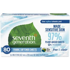 Seventh Generation Free & Clear Fabric Softener Sheets - Sheet - 6.40" Width x 9" Length - 80 / Box - White