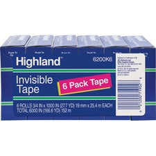Highland 3/4"W Matte-finish Invisible Tape - 27.78 yd Length x 0.75" Width - 1" Core - 6 / Pack - Matte Clear