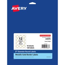 Avery&reg; Easy Peel Round Labels - 2" Diameter - Permanent Adhesive - Round - Inkjet, Laser - White, Metallic Gold - Paper - 12 / Sheet - 120 / Pack - Peel-off, Curl Resistant, Stick & Stay, Pop Up Edge, Tear Proof