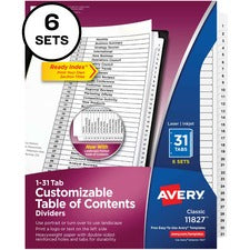 Avery&reg; 1-31 Custom Table of Contents Dividers - 186 x Divider(s) - 1-31, Table of Contents - 31 Tab(s)/Set - 8.5" Divider Width x 11" Divider Length - 3 Hole Punched - White Paper Divider - White Paper Tab(s) - 6 / Pack