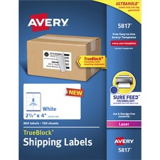 Avery&reg; TrueBlock Shipping Labels - 2 1/2" Width x 4" Length - Permanent Adhesive - Laser - White - Paper - 8 / Sheet - 100 Total Sheets - 800 / Pack - Durable