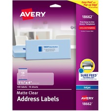 Avery&reg; Easy Peel Inkjet Printer Mailing Labels - 1 21/64" Width x 4" Length - Permanent Adhesive - Rectangle - Inkjet - Clear - Film - 14 / Sheet - 10 Total Sheets - 140 Total Label(s) - 5