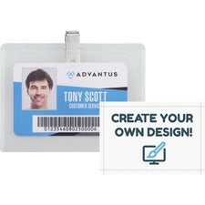 Advantus DIY Clip-style Name Badge Kit - Support 4" x 3" Media - Horizontal - Plastic - 50 / Box - White, Clear - Reusable