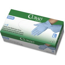 Curad Powder-free Nitrile Disposable Exam Gloves - Large Size - Full-Textured Design - Blue - Powder-free, Disposable, Latex-free, Beaded Cuff, Non-sterile, Chemical Resistant - For Medical - 150 / Box - 9.50" Glove Length