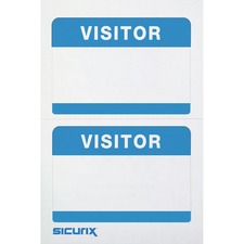 SICURIX Self-adhesive Visitor Badge - 3 1/2" x 2 1/4" Length - Removable Adhesive - Rectangle - White, Blue - 100 / Box - Self-adhesive, Easy Peel
