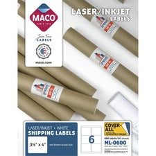MACO White Laser/Ink Jet Shipping Label - 3 21/64" x 4" Length - Rectangle - Laser, Inkjet - White - 6 / Sheet - 600 / Box - Lignin-free
