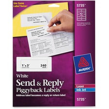 Avery&reg; Send & Reply Piggyback Labels - 1" Width x 3" Length - Permanent Adhesive - Rectangle - Laser, Inkjet - White - Paper - 12 / Sheet - 20 Total Sheets - 240 Total Label(s) - 240 / Pack