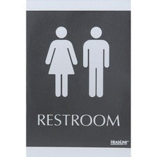 Headline Signs ADA RESTROOM Sign - 1 Each - Restroom Print/Message - 6" Width - Rectangular Shape - Silver Print/Message Color - Adhesive Backing, Durable, Pictogram, Self-adhesive, Braille - Plastic - Black, Gray