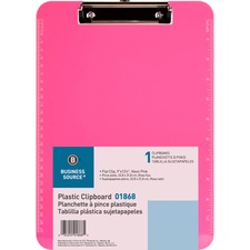 Business Source Flat Clip Clipboard - 9" x 12" - Plastic - Neon Pink - 1 Each