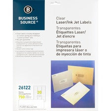 Business Source Mailing Address Labels - 1" x 2 3/4" Length - Permanent Adhesive - Rectangle - Laser - Clear - 30 / Sheet - 750 / Pack - Self-adhesive